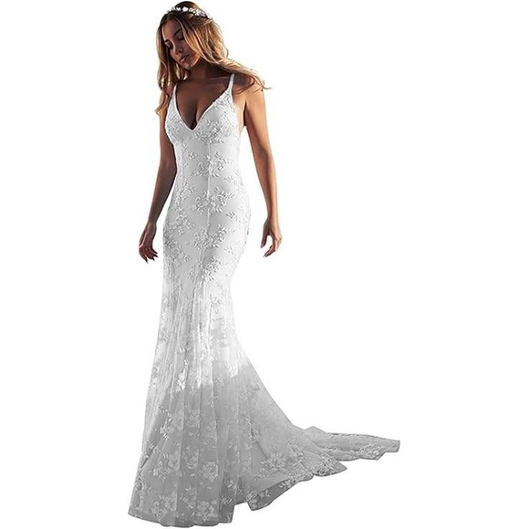 Lace Wedding Dress Spaghetti Strap V Neck Open Back Bridal Gown Size 10-NWT - Picture 1 of 6
